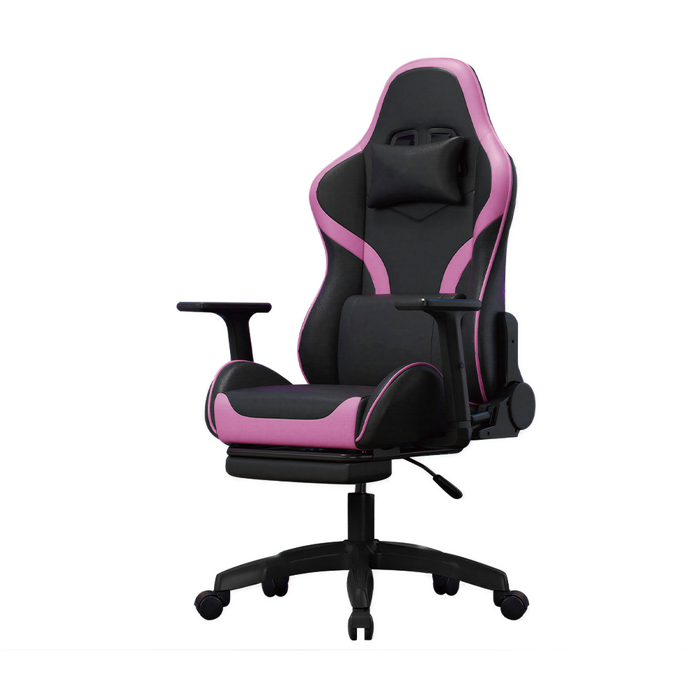 Racing Style Gaming Chair with Retractable Footrest — Black & Pink Ergonomic High-Back Design