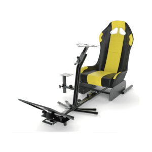 Professional Sim Racing Cockpit — Yellow-Black Racing Bucket Seat with Adjustable Mounting Platform