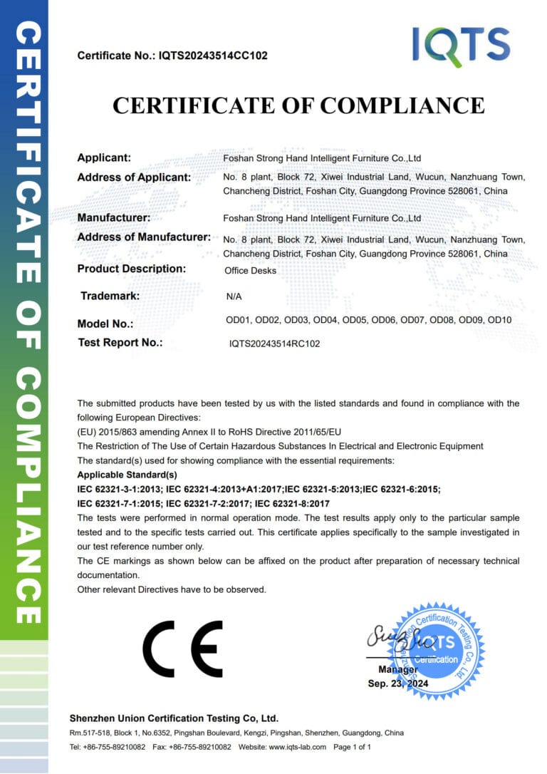 CE RoHS certificate for Strong Hand office desks
